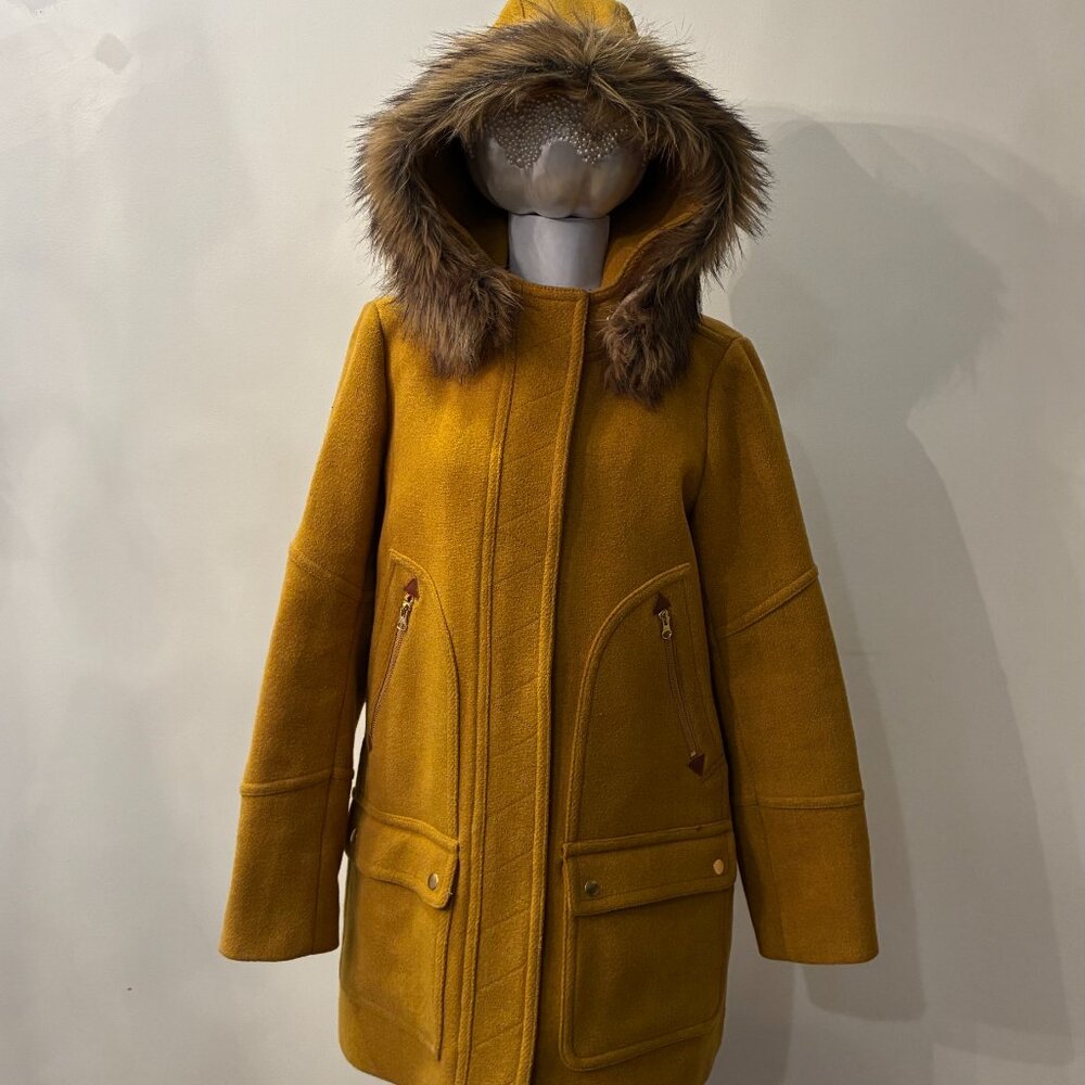 J.Crew Chateau Parka in Italian Stadium-Cloth Wool Coat – Tan, Size 12, Faux Fur